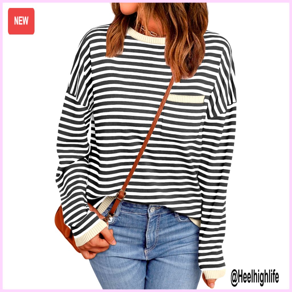 Oversized Striped Cotton Pullover Sweater With Chest Pocket Crewneck